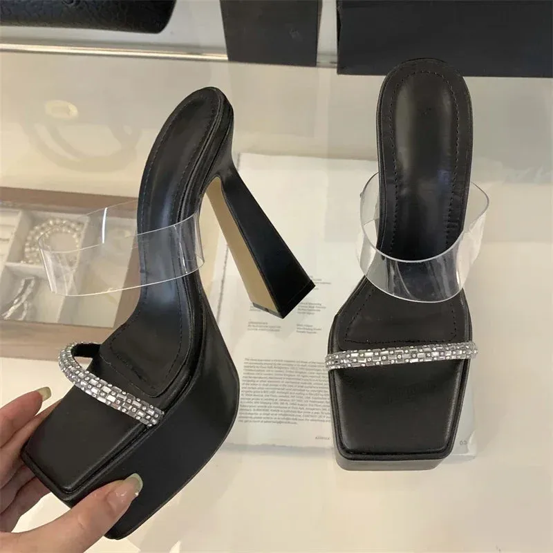 Transparent Square Toe Crystal Thick Heeled Shoes