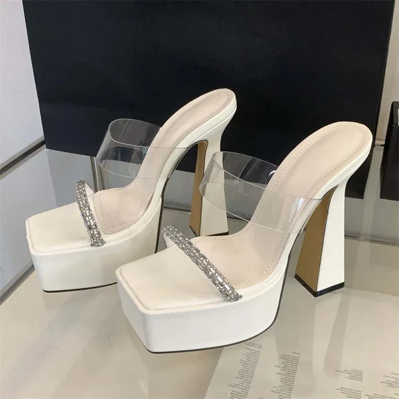 Transparent Square Toe Crystal Thick Heeled Shoes